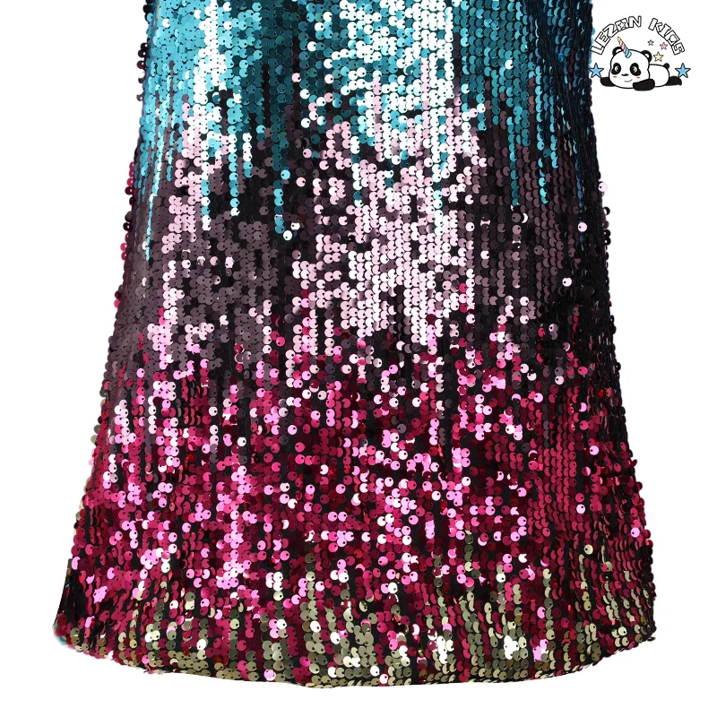 LEZONKIDS - Vestido feminino curto com decote em V e costas expostas, com lantejoulas e gradiente de cor, estilo novo e personalizado